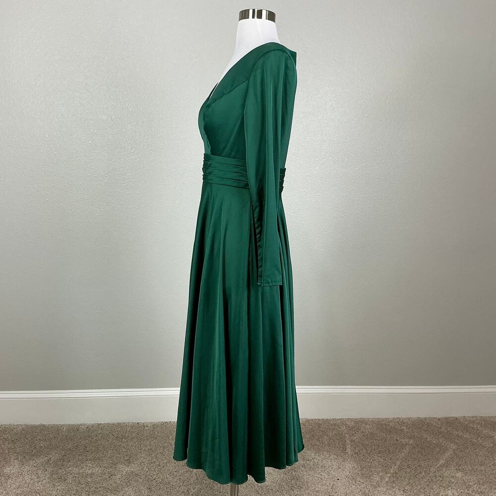 Mac Duggal 67527 Green Cocktail Dress Satin Long Sleeve Fit & Flare Midi Size 14 - Picture 6 of 12